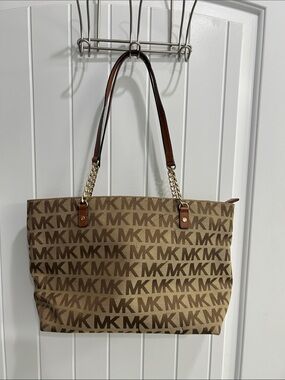 Michael Kors Tan and Brown MK Logo Chain-Handle Tote